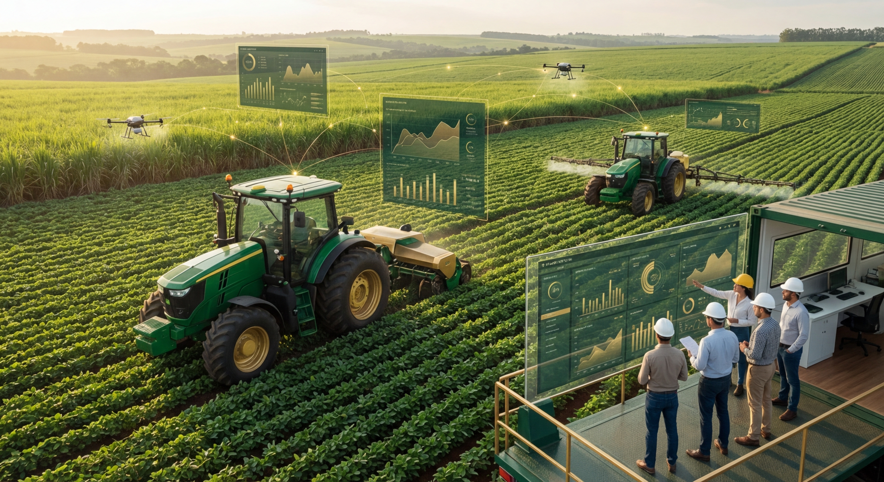 Operação agroindustrial com maquinário, dados e monitoramento técnico em ambiente premium.