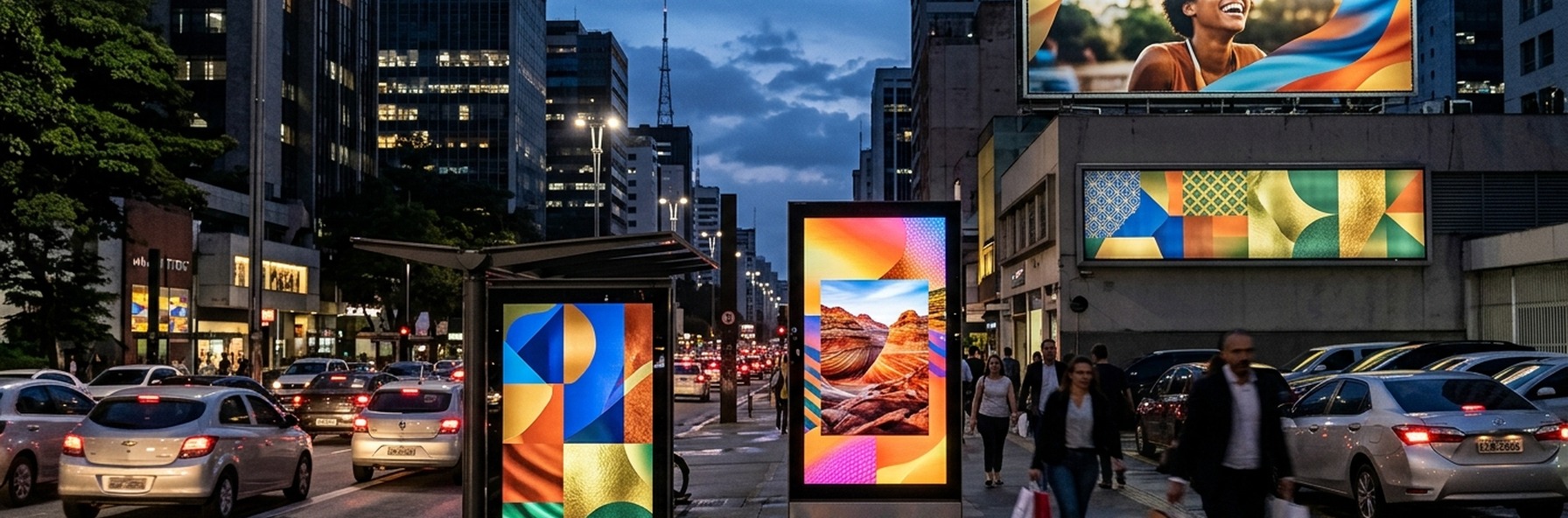 Cena urbana realista com campanhas OOH em uso, mobiliário urbano e painéis publicitários em operação para o case da iMídia Painéis.