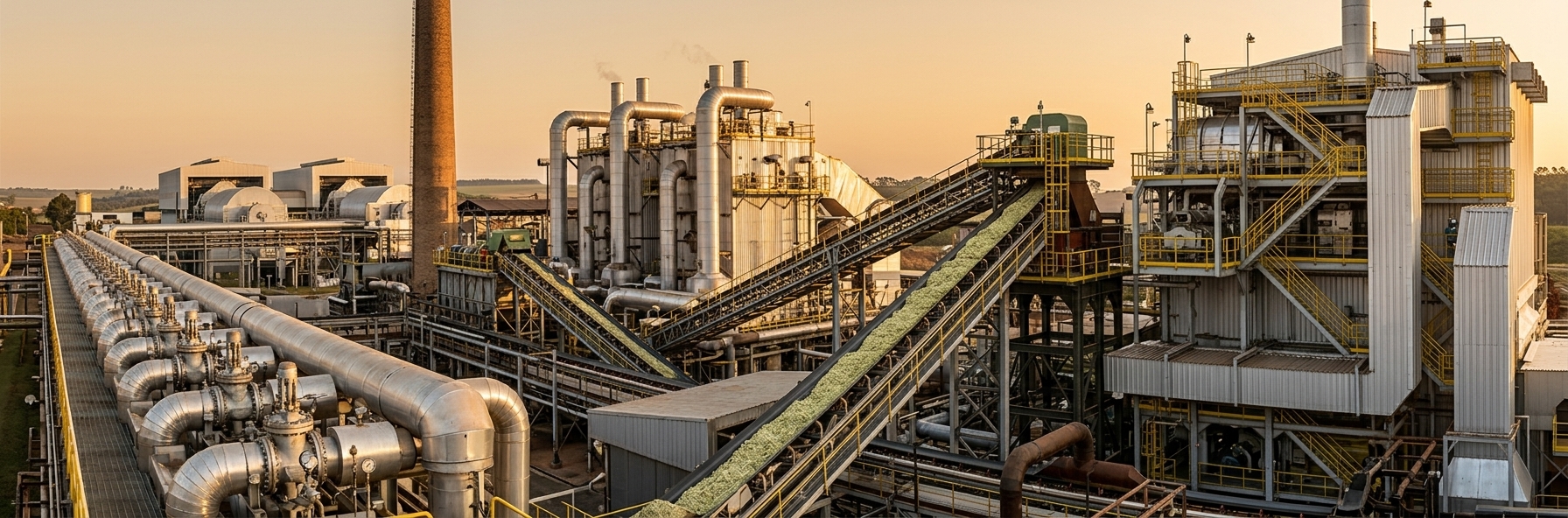 Imagem panorâmica editorial inspirada na operação industrial e na geração de energia da Usina Santa Lúcia.