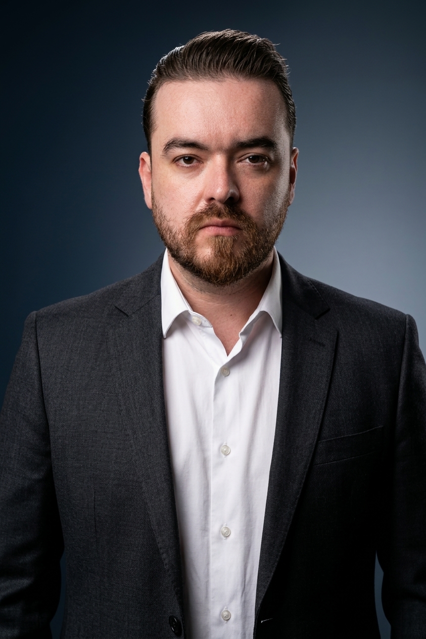 Retrato editorial premium de Douglas Cavalheiro Chiodi em linguagem institucional e corporativa.