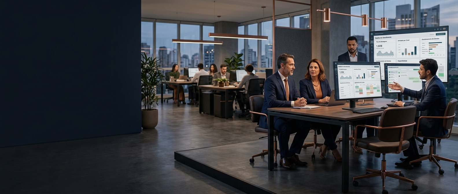 Equipe executiva acompanhando atendimento digital com canais de mensagem, agenda e operação comercial em ambiente premium.