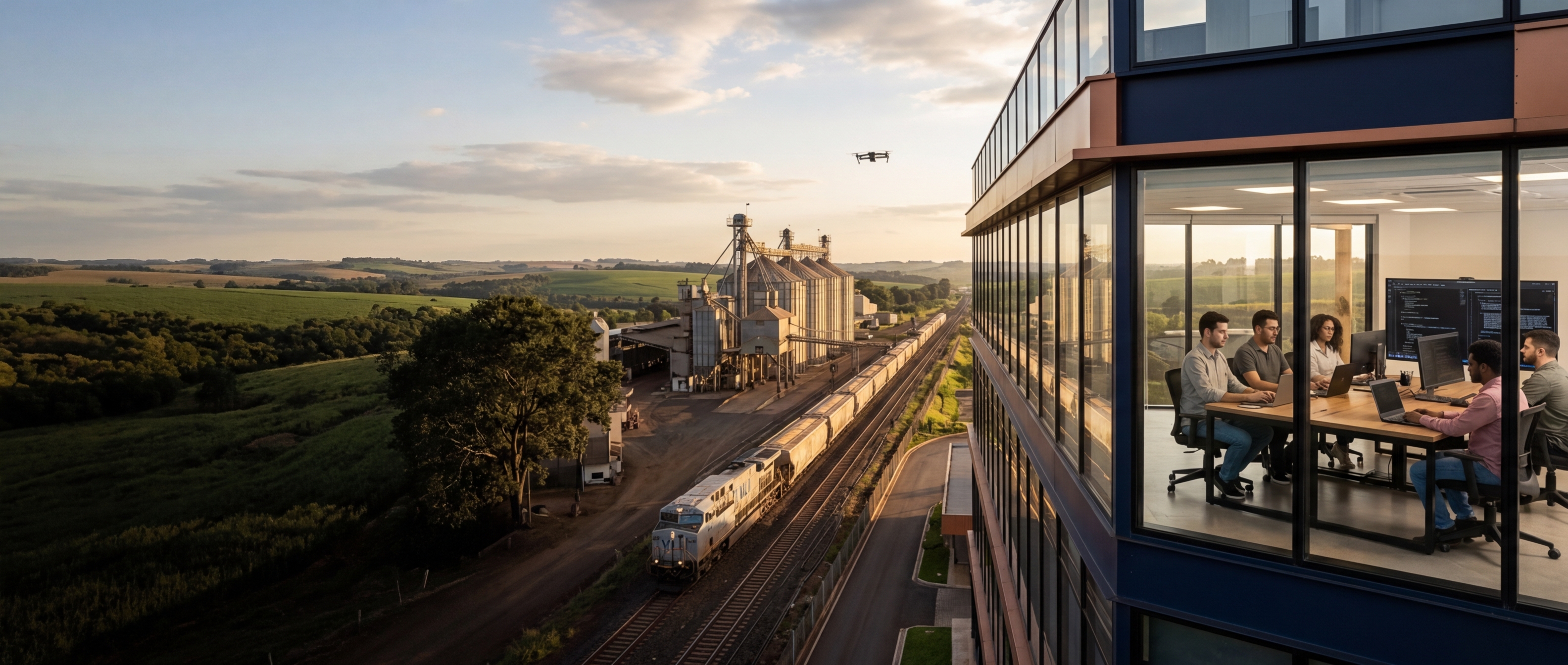 Ambiente premium com operação de software, dispositivos, telas e equipe técnica atuando em projetos especiais.