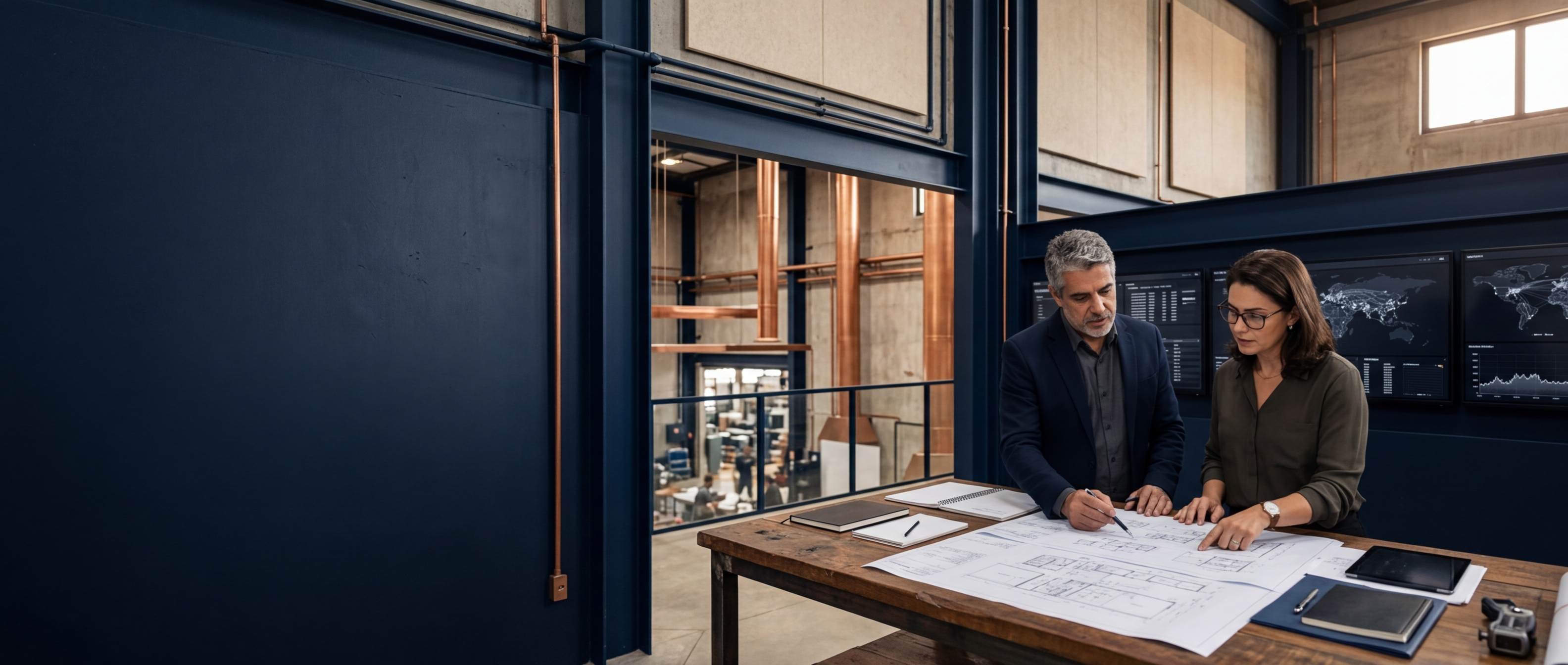 Ambiente premium de engenharia com especialistas analisando sistemas complexos, infraestrutura crítica e visual industrial sofisticado.