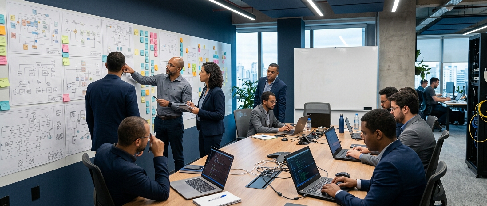 Equipe técnica premium de outsourcing especializado atuando com múltiplos sistemas e integração sensível.