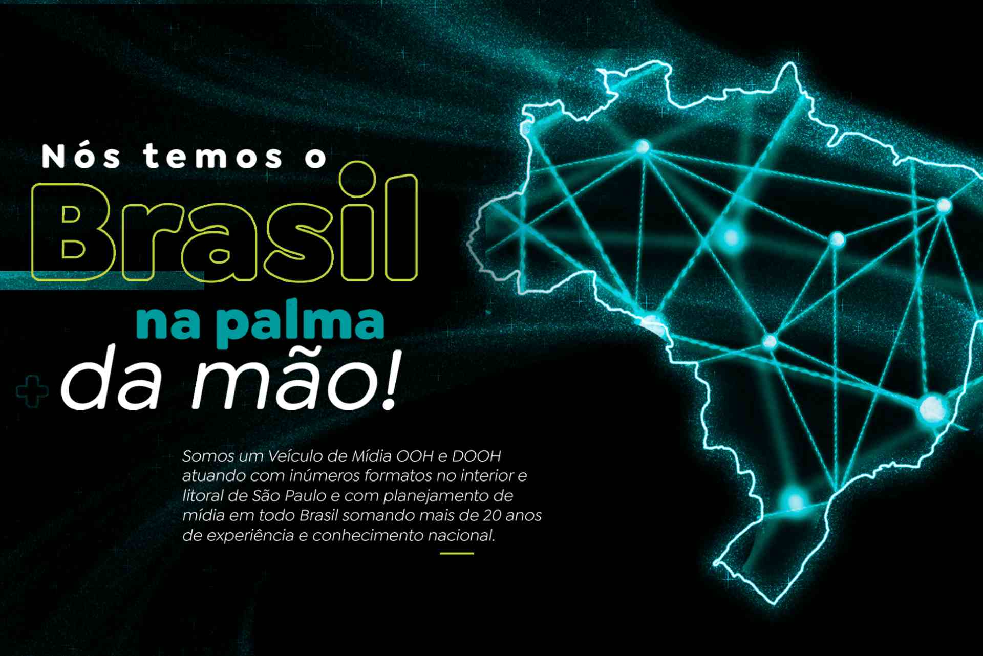 Visual público da iMídia Painéis destacando presença nacional em mídia OOH e DOOH.